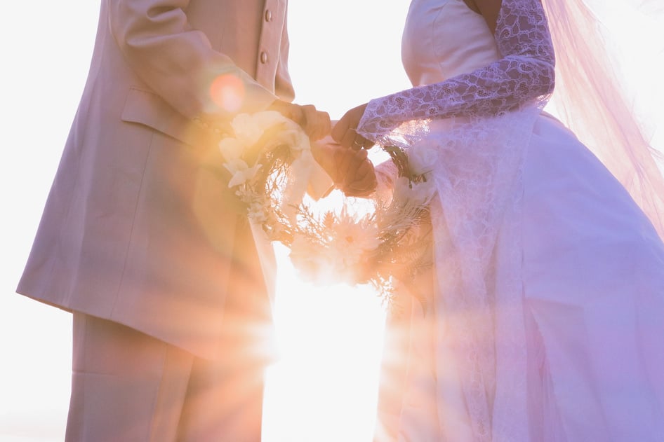 sunset wedding photo at the city